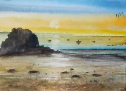 Buy ACEO Original Painting Seascape Art Beach Rocks Waves Sunset Boats Watercolour • 6£