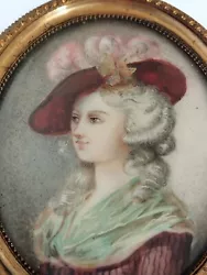 Buy Antique Miniature 18 Century Portrait. Lady In Plume Hat, Beautiful Presentation • 125£