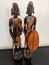 Buy 2 Large Wooden Sculptures Of African Male & Female Masia Warrior Wood Carvings • 70£