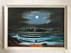 Buy VINTAGE Moon Over Sea Castle Scene Signed Oil On Canvas Framed Painting 37X27cm • 28.79£