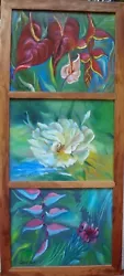 Buy Original Oil Painting   Tropical Flowers  Solid Koa Wood Frame  One Of A Kind • 468.88£