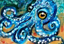 Buy ORIGINAL ACEO Painting Blue OCTOPUS Sea Ocean Squid Fish Marine 8 Legs ATC ART • 12.60£