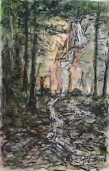 Buy Contemporary Original Pastel Painting Signed By Peter Wood Figure At Waterfall • 12£