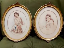 Buy Pair Of Antique Watercolour Of A Young Lady In A Gilt Wood Oval Frame. 16  X 13  • 110£