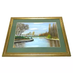 Buy Original Painting Of Pontefract Park Lake With Anglers Fishing - Framed • 19.99£