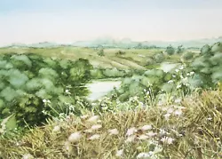 Buy Landscape Watercolour Painting Original Country River Summer Field Clouds Art • 140.57£