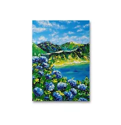 Buy Japanese Coast Painting Japan Seascape Original Art  Blue Hydrangea 7x5 In • 33.07£
