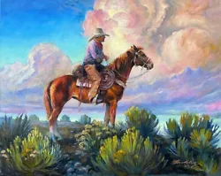 Buy Original Oil Painting Cowboy Sorrel Horse Maggiori Clouds Sage SouthWESTERN ART • 1,700.99£