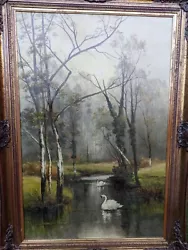 Buy Swans Lake Forest Antique Framed Original Oil On Canvas Signed  • 498£
