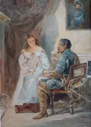 Buy 19th Century Watercolour. Cavalier Officer And Lady By Paul Blenner. • 75£