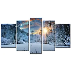Buy Modern Canvas Painting Wall Art Snowfield Winter Snow Forest Tree Sunrise B • 66.58£