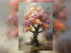 Buy Blooming Splendor: Cherry Tree Pink Orange Blossom Oil Painting Print 5 X7  • 4.99£