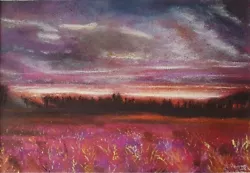 Buy Original Pastel Painting Of Sunset Heather Moorland Landscape, Purple Pink Moody • 36£