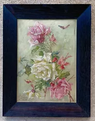 Buy Antique Oil Painting Circa 1899 Aesthetic Movement Roses Butterfly French Signed • 213.13£