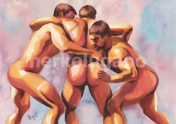 Buy PRINT Original Art Work Watercolor Painting Gay Male Nude  Trio In Motion  • 17.95£