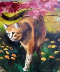 Buy Vtg Oil Painting MCM Cat In Flowers Folk Art Tiger Kitty 15.5in Signed Colorful • 66.15£