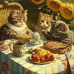 Buy Louis Wain Cute Cat Picnic With Sunflowers Painting Canvas Fine Art Giclee Print • 11.84£