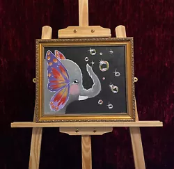 Buy Surreal Acrylic Painting Elephant With Butterfly Ears Blowing Bubbles Art Signed • 14.99£
