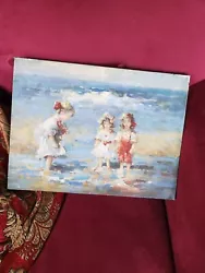 Buy Antique Oil Painting On Canvas, Three Little Girls At The Seaside, NOT SIGNED. • 20£
