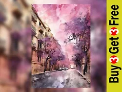 Buy Watercolor Painting Print - City Street With Purple Trees 5 X7  • 4.99£