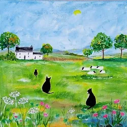 Buy ORIGINAL Acrylic On Canvas Painting: Cats And Sheep In The Spring Meadow • 25£