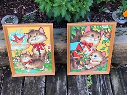 Buy Cat Kitten Paint By Number Framed Glass Front Art Birdhouse Birdbath Vtg Pair • 66.11£