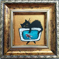 Buy Black Cat And Fish Painting Gold Original Artwork Funny Miniature Frame Art • 24.26£