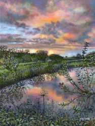 Buy Sunset Reflected In Pond Landscape Art, Original Painting, 12x16 , Ready To Hang • 100£