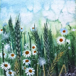 Buy Chamomile Original Mixmedia Painting 5 X5  Wheat Daisy Wildflowers Hand Painted • 22.59£