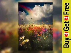 Buy Rainbow Over A Field Of Flowers, Print Of Watercolour Painting 5  X 7  • 4.99£