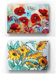Buy 2 Piece Floral Artwork Set Poppy Sunflower Oil Painting On Canvas Made To Order • 576.57£