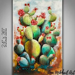 Buy Prickly Pear Cactus Oil Painting Original Artist Direct Boho Decor 24 By 36 AMA • 299.92£