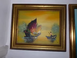 Buy Vintage Oil Painting On Canvas Asian Boats 27 X 32 Cm • 18.99£