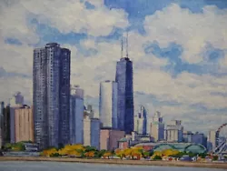 Buy Watercolor Painting Chicago City Downtown Panorama Lake Michigan ACEO Art • 25.93£