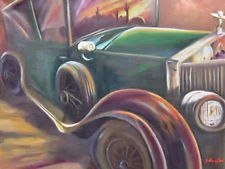 Buy Original Oil Painting Of Antique Car Rolls Royce With Sunset Reflection, Framed • 393.75£