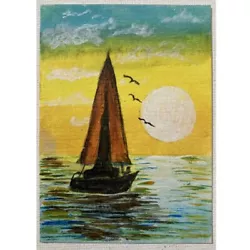 Buy ACEO ORIGINAL PAINTING Mini Collectible Art Card Sunset Sail Boat Sun Sea Ooak • 8.25£