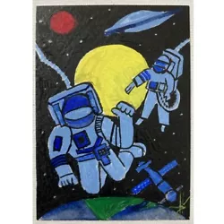 Buy ACEO ORIGINAL PAINTING Mini Art Card People Space Satellite Moon Astronauts Ooak • 8.25£