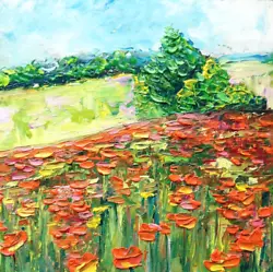 Buy Abstract Landscape Oil Painting. Poppy Field And Forest Painting. Without Frame.15х15 Cm • 31.48£