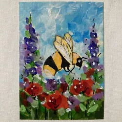 Buy ACEO ORIGINAL PAINTING Mini Collectible Art Card Honey Bee With Flowers Ooak • 8.29£