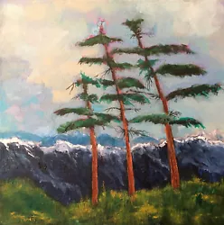 Buy Snowy Mountains Pine Trees Clouds 14x14 Acrylic Landscape Painting On Canvas • 236.25£