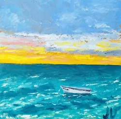 Buy Original Oil Painting Boat In Sea Sunset Impasto Seaview Wall Art 8x8 In • 55.57£