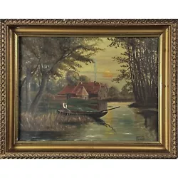 Buy Antique Folk Art Riverscape With Boat And House, Signed (1914, Oil On Canvas) • 694.57£