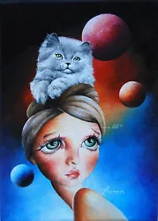 Buy ORIGINAL Oil PAINTING Fantasy POP SURREAL CAT Big Eye Doll WOMAN  SPACE ART • 471.71£