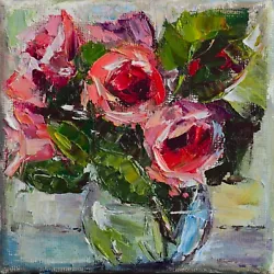 Buy Original Oil Mini Painting Red Roses Flower Artwork Floral Art 4x4 In • 182.68£