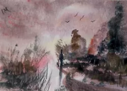 Buy ACEO Original Painting Landscape Art Dog Walk Path Sunset Man Watercolour • 5.50£