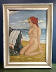 Buy Original Vintage Oil Painting 1950’s Pin Up Nude Naked Girl On Beach • 48£