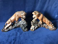 Buy Pair Of Vintage Hand Carved Wooden Oriental Tiger Statue / Figures • 20£