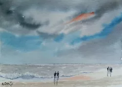 Buy Original Watercolour Painting. A6. Stormy Skies. Walk On The Beach.  Seascape.  • 3.99£