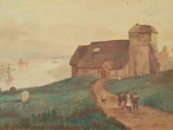 Buy Late 19thC Antique Old Watercolour Painting Figures Walking From Coastal Church • 22£