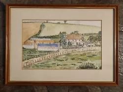 Buy Vintage Framed Watercolour - Farm, Cottages, Fields, Flowers, Trees, Countryside • 24.99£